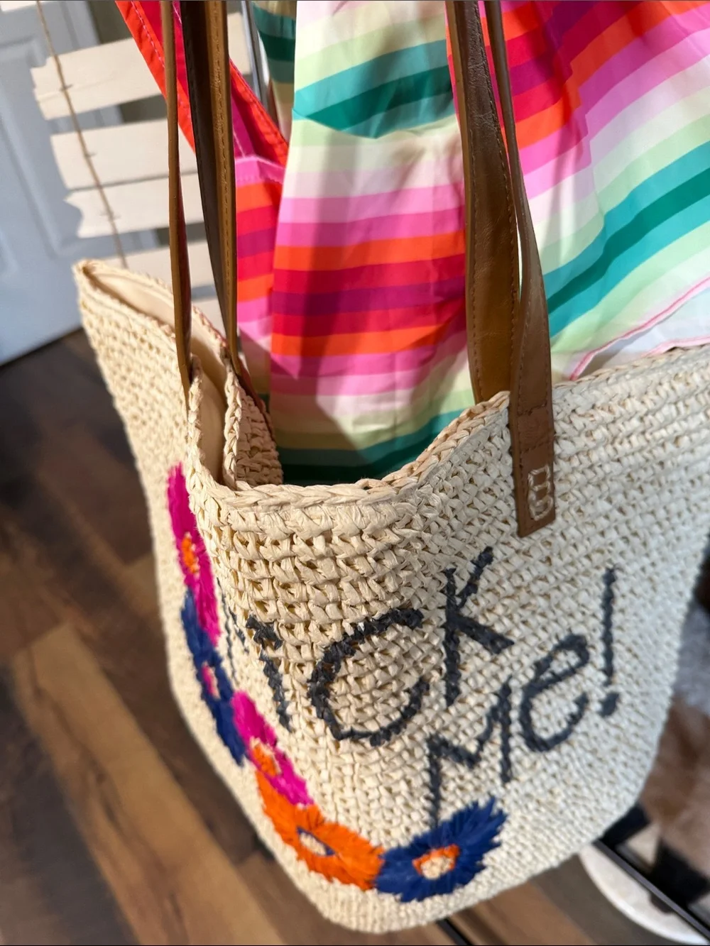 Pick Me NWT Natural Straw Tote with Pink, Blue & Orange Floral Embroidery